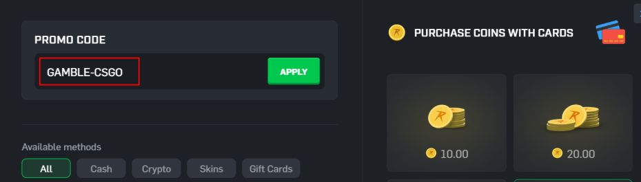 use the code “GAMBLE-CSGO”
