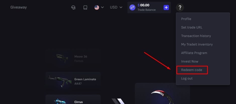 Redeem code tab on tradeit.gg